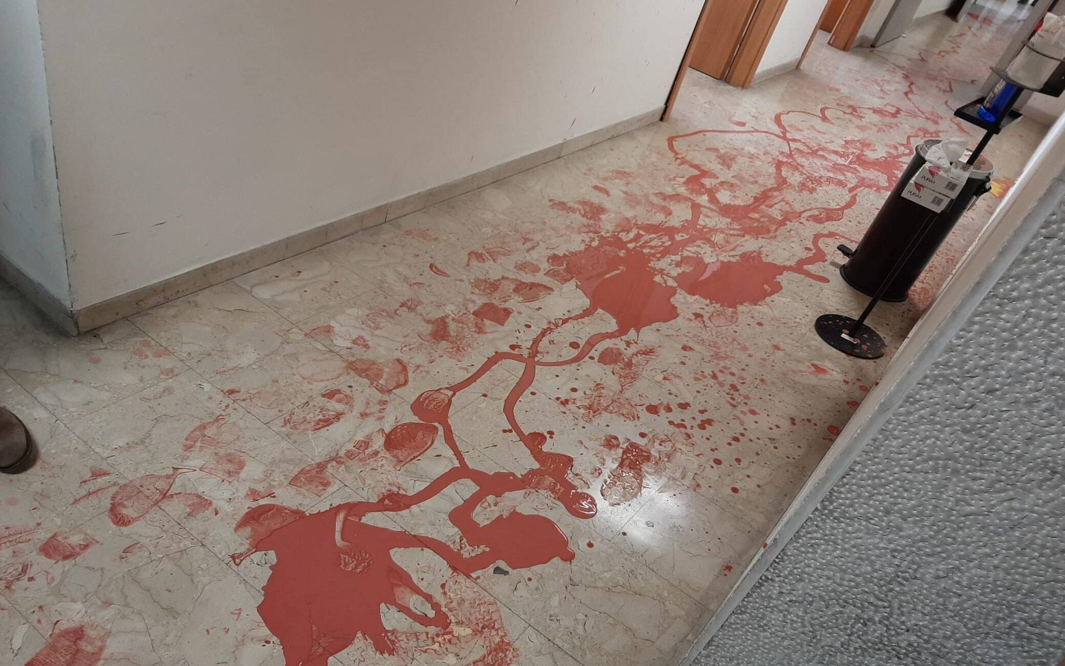 Gli uffici del Ministero della Transizione Ecologica imbrattati con vernice rossa da una decina di attivisti di Extinction Rebellion , Roma, 2 febbraio 2022. ANSA