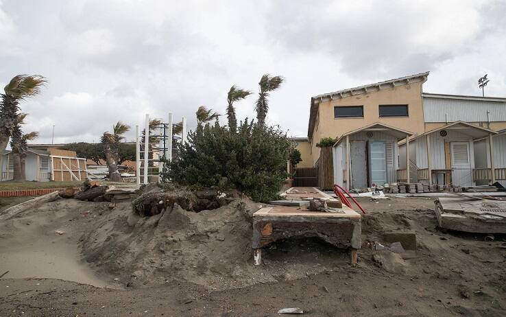 One of the bathing establishments on the coast damaged due to bad weather and the storm, in Ostia, Rome, Italy,o2 April 2022. Libeccio winds are sweeping the coast up to 80 km / h.ROMA. ANSA/EMANUELE VALERI