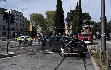 Police and Fire Department carry out surveys on the site of the accident between the car of the SS Lazio player Ciro Immobile and a bus, at Matteotti bridge, Rome, Italy, 16 April 2023. The accident involved seven people in addition to Immobile, including tram passengers, who were taken to the hospital for examination. The footballer, "a little sore in the arm", speaking to the police, explained that the bus would run on red light. ANSA / RICCARDO ANTIMIANI