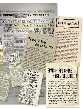 699913211 Scraps with news of the spread of Spanish flu. Front page of the newspaper San Luis Obispo Daily Telegraph (California) and various clippings from local newspapers in which it is the subject of the spread of influenza cases subtitled: ***76 Flu Cases, 11 Pneumonia, 5 Dies***. The Spanish flu pandemic continues to spread in the world. The first confirmed case of Spanish flu was the 8th march 1918. The United States, San Luis Obispo CA, November 1, 1918. (Photo by Fototeca Gilardi/Getty Images)