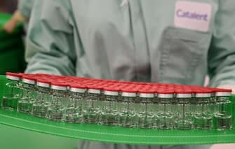 A laboratory technician handles capped vials as part of filling and packaging tests for the large-scale production and supply of the University of Oxfords COVID-19 vaccine candidate, AZD1222, conducted on a high-performance aseptic vial filling line on September 11, 2020 at the Italian biologics manufacturing facility of multinational corporation Catalent in Anagni, southeast of Rome, during the COVID-19 infection, caused by the novel coronavirus. - Catalent Biologics manufacturing facility in Anagni, Italy will serve as the launch facility for the large-scale production and supply of the University of Oxfords Covid-19 vaccine candidate, AZD1222, providing large-scale vial filling and packaging to British-Swedish multinational pharmaceutical and biopharmaceutical company AstraZeneca. (Photo by Vincenzo PINTO / AFP) (Photo by VINCENZO PINTO/AFP via Getty Images)