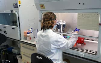 A scientist is pictured working during a visit by Britain's Prince William, Duke of Cambridge (unseen), to Oxford Vaccine Group's laboratory facility at the Churchill Hospital in Oxford, west of London on June 24, 2020, on his visit to learn more about the group's work to establish a viable vaccine against coronavirus COVID-19. (Photo by Steve Parsons / POOL / AFP) (Photo by STEVE PARSONS/POOL/AFP via Getty Images)