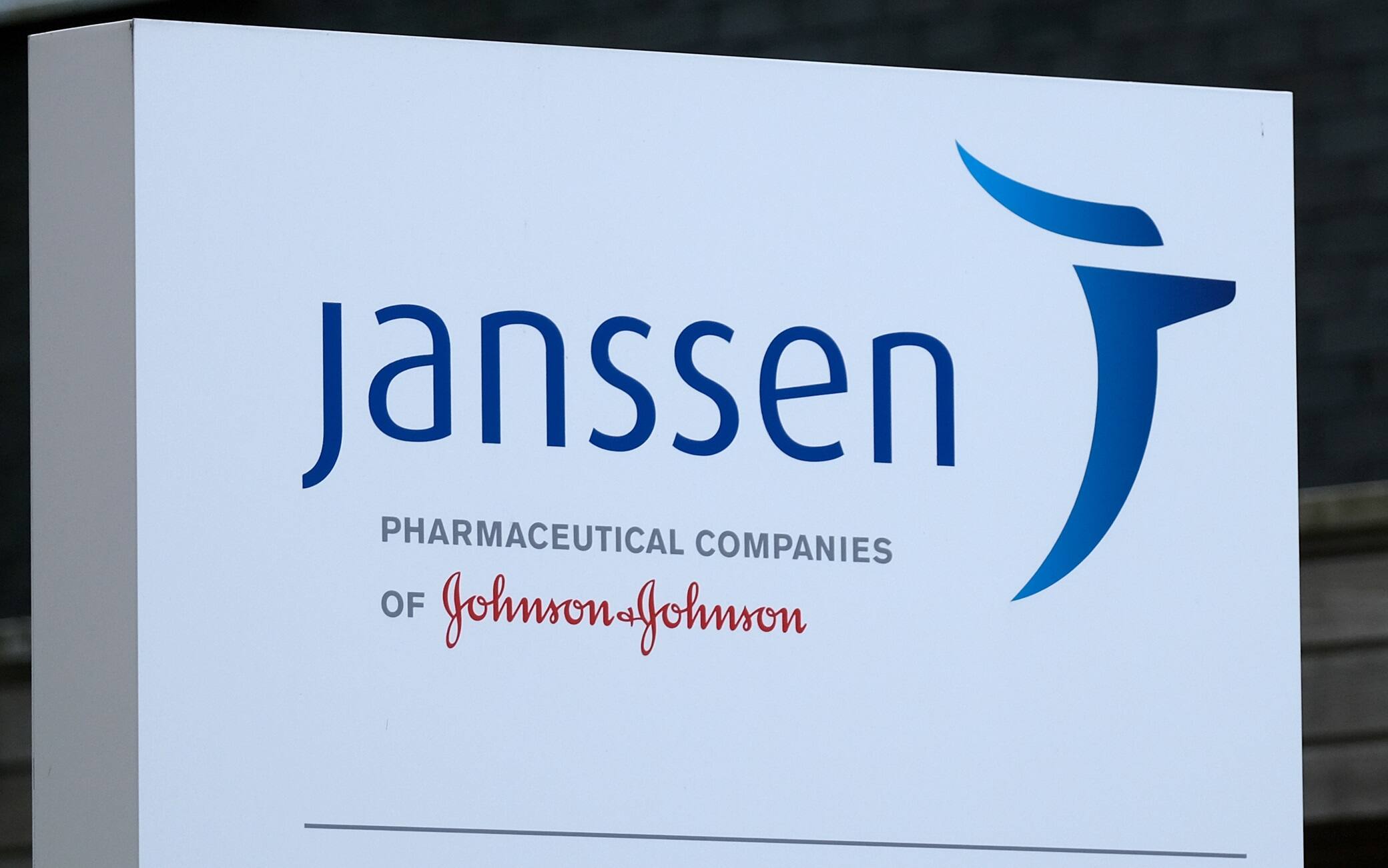 LEIDEN, NETHERLANDS - JUNE 9: A logo of Janssen Pharmaceutical Companies of Johnson & Johnson is pictured outside its facility on June 9, 2020 in Leiden, Netherlands.  (Photo by Yuriko Nakao/Getty Images)
