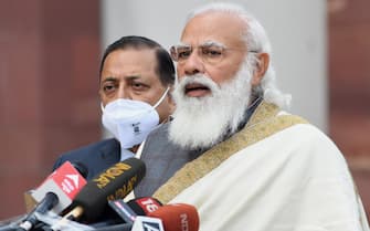 epa08972360 Indian Prime Minister Narendra Modi (R) speaks to members of the media at the beginning of the budget session of the Indian Parliament in New Delhi, India, 29 January 2021. Modi-led Bhartya Janta Party (BJP) government and Indian finance minister Nirmala Sitharaman will present the union budget on 01 February 2021.  EPA/STR