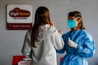 Some students of the "Pallavicini" Institute participate in the campaign for salivary tests in schools launched by the Lazio Region, Rome, Italy, 14 September 2021.   ANSA/FABIO FRUSTACI