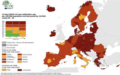 Covid, Ecdc: sparisce il verde dalla mappa dell’Ue