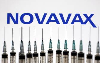 Medical syringes are pictured in front of the Novavax logo in this photo illustration, taken in Kyiv, Ukraine on May 13, 2021. The World Health Organization has approved for emergency use of China's Sinopharm COVID-19 coronavirus vaccine, and in total, WHO has now registered 6 vaccines for SARS-CoV-2, as media reported. 
 (Photo by Alex Chitaro/Sipa USA)