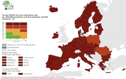 Covid, nella mappa Ecdc l'Europa risulta in rosso scuro