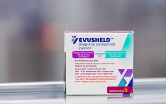 A photo taken on February 8, 2022 shows a box of Evusheld, a drug for antibody therapy developed by pharmaceutical company AstraZeneca for the prevention of COVID-19 in immunocompromised patients at the AstraZeneca facility for biological medicines in Södertälje, south of Stockholm, Sweden. - AstraZenecas new facility in Sweden located in Södertälje was inaugurated last December and is dedicated to the production of next generation biological drugs such as Evusheld, a Covid-19 preventative monoclonal antibody treatment for immunocompromised people.  (Photo by Jonathan NACKSTRAND / AFP) (Photo by JONATHAN NACKSTRAND/AFP via Getty Images)