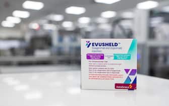 A photo taken on February 8, 2022 shows a box of Evusheld, a drug for antibody therapy developed by pharmaceutical company AstraZeneca for the prevention of COVID-19 in immunocompromised patients at the AstraZeneca facility for biological medicines in Södertälje, south of Stockholm, Sweden. - AstraZenecas new facility in Sweden located in Södertälje was inaugurated last December and is dedicated to the production of next generation biological drugs such as Evusheld, a Covid-19 preventative monoclonal antibody treatment for immunocompromised people.  (Photo by Jonathan NACKSTRAND / AFP) (Photo by JONATHAN NACKSTRAND/AFP via Getty Images)