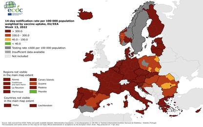 Covid, mappa Ecdc: l’Italia resta tutta in rosso scuro