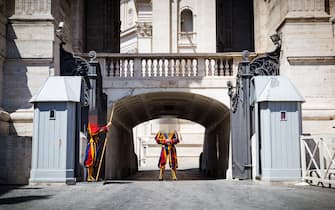 Two Swiss Guards on duty at the Vatican in Rome, Italy.