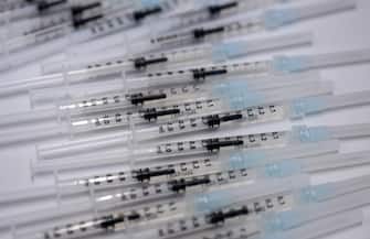 14 July 2022, Bavaria, Munich: Prepared syringes with Bavarian Nordic's vaccine (Imvanex / Jynneos) against monkeypox lie on a table at Klinikum rechts der Isar. Photo: Sven Hoppe/dpa (Photo by Sven Hoppe/picture alliance via Getty Images)