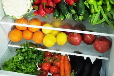 Stacked fridge full of fresh organic fruits and vegetables: orange, lemon, pomegranate, eggplant, carrot, parsley, pepper, cucumber, cauliflower, toma