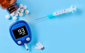 Diabetes monitoring and healthcare. Close up top down view of glucose meter, drug pills and syringe on blue background with copy space.