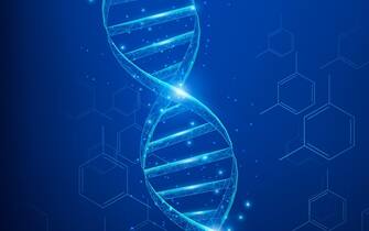 RKTFGK RKTFGK Wireframe DNA molecules structure mesh low poly consisting of points, lines, and shapes on dark blue background. Science and Technology concept