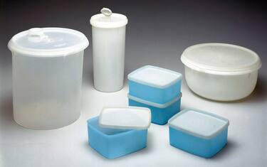 UNITED KINGDOM - FEBRUARY 17:  Though manufactured in the 1980s, these tupperware boxes represent designs from the 1960s. Known today by its tradename 'Polythene', the history of polyethylene began in March 1933, when a minute amount of a white waxy solid was found on the walls of an experimental high pressure bomb. Thanks to the far-sighted views of a group of ICI Alkali Division scientists, an entirely new range of products were discovered, which have changed the way we live.  (Photo by SSPL/Getty Images)