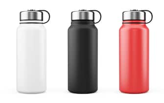 White, Black, Red and Silver Empty Glossy Metal Thermos Water Bottle Isolated on White. 3d rendering
