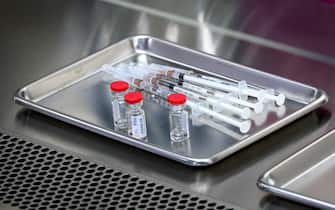 This picture taken on May 23, 2020 shows a tray with doses of a COVID-19 novel coronavirus vaccine candidate ready for trial on monkeys at the National Primate Research Center of Thailand at Chulalongkorn University in Saraburi. - After conclusive results on mice, Thai scientists from the centre have begun testing a COVID-19 novel coronavirus vaccine candidate on monkeys, the phase before human trials. (Photo by Mladen ANTONOV / AFP) (Photo by MLADEN ANTONOV/AFP via Getty Images)