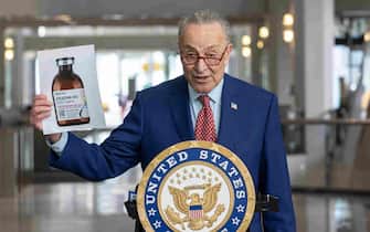 U. S. Senator Charles Schumer speaks during briefing on drug Xylazine linked to overdose deaths at 875 3rd Avenue lobby in New York on March 26, 2023