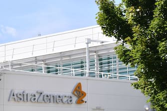A sign is pictured outside the AstraZeneca factory in Liverpool north west England on July 20, 2020. - Britain's government has already said it would purchase 100 million doses of a vaccine currently being trialed by Oxford University in partnership with AstraZeneca. (Photo by Paul ELLIS / AFP) (Photo by PAUL ELLIS/AFP via Getty Images)