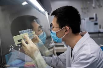 TOPSHOT - In this picture taken on April 29, 2020, an engineer works at the Quality Control Laboratory on an experimental vaccine for the COVID-19 coronavirus at the Sinovac Biotech facilities in Beijing. - Sinovac Biotech, which is conducting one of the four clinical trials that have been authorised in China, has claimed great progress in its research and promising results among monkeys. (Photo by NICOLAS ASFOURI / AFP) / TO GO WITH Health-virus-China-vaccine,FOCUS by Patrick Baert