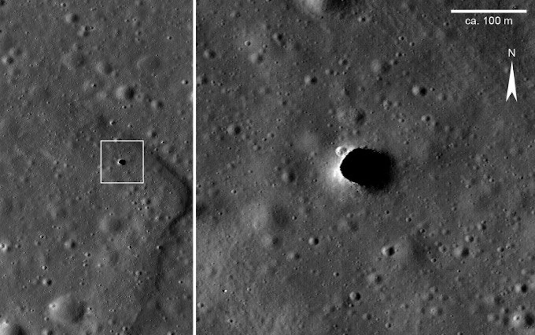 Il probabile ingresso di un tubo lavico lunare nell'area di Marius Hills (NASA/LROC/ASU) Il probabile ingresso di un tubo lavico lunare nell'area di Marius Hills