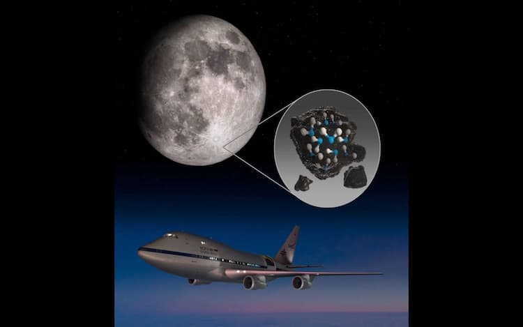 Illustrazione che evidenzia il cratere Clavius della Luna e l'acqua intrappolata nel suolo lunare insieme ad un'immagine dell'Osservatorio stratosferico per l'astronomia a infrarossi della Nasa (SOFIA)