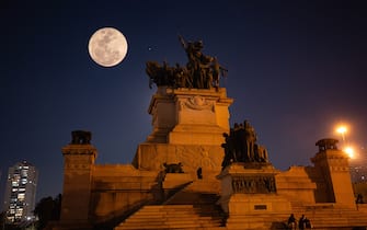 Moon Blue is seen at the Independence Monument this Sunday night, August 22, 2021 in the Ipiranga neighborhood in SÃ £ o Paulo Brazil (Photo by Amauri Nehn / NurPhoto via Getty Images)