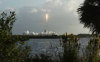 A SpaceX Falcon 9 rocket carrying the 14th batch of 60 Starlink internet satellites launches from pad 39A at the Kennedy Space Center on October 18, 2020 in Cape Canaveral, Florida. After launch, the first stage booster rocket was recovered by SpaceX on a drone ship in the Atlantic Ocean. (Photo by Paul Hennessy/NurPhoto via Getty Images)