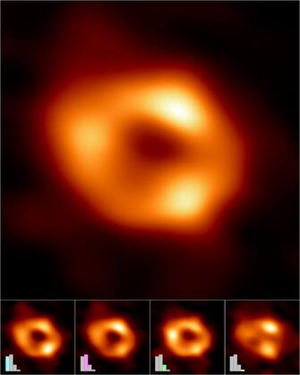 IN SPACE -  MAY 12: In this handout photo provided by NASA,  The Event Horizon Telescope (EHT) Collaboration has created a single image (top frame) of the supermassive black hole at the centre of our galaxy, called Sagittarius A*, or Sgr A* for short, by combining images extracted from the EHT observations.Â  The main image was produced by averaging together thousands of images created using different computational methods all of which accurately fit the EHT data. This averaged image retains features more commonly seen in the varied images, and suppresses features that appear infrequently.Â  The images can also be clustered into four groups based on similar features. An averaged, representative image for each of the four clusters is shown in the bottom row. Three of the clusters show a ring structure but, with differently distributed brightness around the ring. The fourth cluster contains images that also fit the data but do not appear ring-like.Â Â  The bar graphs show the relative number of images belonging to each cluster. Thousands of images fell into each of the first three clusters, while the fourth and smallest cluster contains only hundreds of images. The heights of the bars indicate the relative "weights," or contributions, of each cluster to the averaged image at top.Â  In addition to other facilities, the EHT network of radio observatories that made this image possible includes the Atacama Large Millimeter/submillimeter Array (ALMA) and the Atacama Pathfinder EXperiment (APEX) in the Atacama Desert in Chile, co-owned and co-operated by ESO is a partner on behalf of its member states in Europe. (Photo by NASA Via Getty Images)