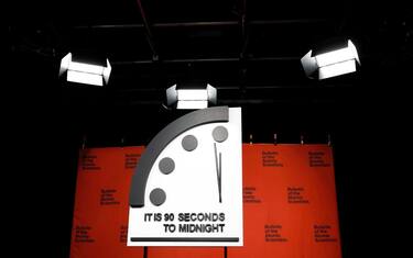 WASHINGTON, DC - JANUARY 24: The 2023 Doomsday Clock is displayed before a live-streamed event with members of the Bulletin of the Atomic Scientists on January 24, 2023 in Washington, DC. This year the Doomsday Clock is set at ninety seconds to Midnight (Photo by Anna Moneymaker/Getty Images)