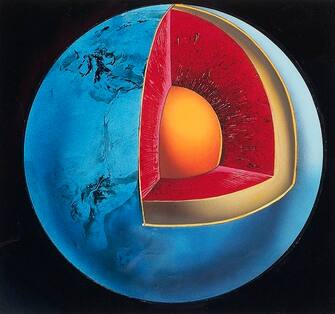 UNSPECIFIED - CIRCA 2003:  Diagram of the Earth's interior showing the crust (aluminium, silicate), the mantle (magnesium, silicate) and the core (iron, nickel). Colour illustration. (Photo by DeAgostini/Getty Images)