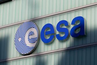 A picture taken on February 7, 2020, shows the logo of the European Space Agency (ESA) at its European Space Operations Center (ESOC) in Darmstadt, western Germany.  (Photo by Yann Schreiber / AFP) (Photo by YANN SCHREIBER/AFP via Getty Images)
