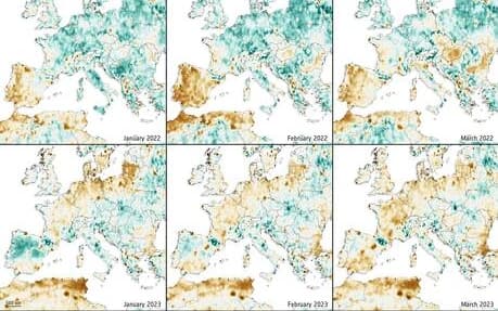 L’umidità al suolo in Europa nei primi tre mesi del 2022 e del 2023 (fonte: Esa)