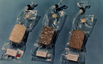 (Original Caption) Close-up view of some of the space food which is scheduled to be carried on the Apollo 11 Lunar Landing mission. Included here are chicken and vegetables, beef hash and beef and gravy.