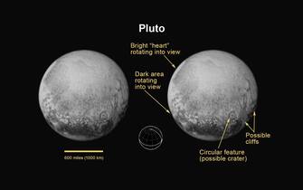 Pluto?s North Pole, Equator, and Central Meridian. For the first time on Pluto, this view reveals linear features that may be cliffs, as well as a circular feature that could be an impact crater. 14 Julay 2015. ANSA/ NASA +++ ANSA PROVIDES ACCESS TO THIS HANDOUT PHOTO TO BE USED SOLELY TO ILLUSTRATE NEWS REPORTING OR COMMENTARY ON THE FACTS OR EVENTS DEPICTED IN THIS IMAGE; NO ARCHIVING; NO LICENSING +++
