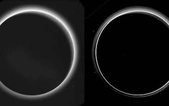 Two different versions of an image of Pluto?s haze layers, taken by New Horizons as it looked back at Pluto's dark side nearly 16 hours after close approach, from a distance of 480,000 miles (770,000 kilometers), at a phase angle of 166 degrees. Pluto's north is at the top, and the sun illuminates Pluto from the upper right. These images are much higher quality than the digitally compressed images of Pluto?s haze downlinked and released shortly after the July 14 encounter, and allow many new details to be seen. The left version has had only minor processing, while the right version has been specially processed to reveal a large number of discrete haze layers in the atmosphere. In the left version, faint surface details on the narrow sunlit crescent are seen through the haze in the upper right of Pluto?s disk, and subtle parallel streaks in the haze may be crepuscular rays- shadows cast on the haze by topography such as mountain ranges on Pluto, similar to the rays sometimes seen in the sky after the sun sets behind mountains on Earth. ANSA/ NASA/Johns Hopkins University Applied Physics Laboratory/Southwest Research Institute +++ ANSA PROVIDES ACCESS TO THIS HANDOUT PHOTO TO BE USED SOLELY TO ILLUSTRATE NEWS REPORTING OR COMMENTARY ON THE FACTS OR EVENTS DEPICTED IN THIS IMAGE; NO ARCHIVING; NO LICENSING +++