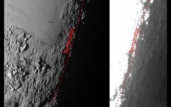 This image of Pluto from NASA?s New Horizons spacecraft, processed in two different ways, shows how Pluto?s bright, high-altitude atmospheric haze produces a twilight that softly illuminates the surface before sunrise and after sunset, allowing the sensitive cameras on New Horizons to see details in nighttime regions that would otherwise be invisible. The right-hand version of the image has been greatly brightened to bring out faint details of rugged haze-lit topography beyond Pluto?s terminator, which is the line separating day and night. The image was taken as New Horizons flew past Pluto on July 14, 2015, from a distance of 50,000 miles (80,000 kilometers). ANSA/ NASA/Johns Hopkins University Applied Physics Laboratory/Southwest Research Institute +++ ANSA PROVIDES ACCESS TO THIS HANDOUT PHOTO TO BE USED SOLELY TO ILLUSTRATE NEWS REPORTING OR COMMENTARY ON THE FACTS OR EVENTS DEPICTED IN THIS IMAGE; NO ARCHIVING; NO LICENSING +++