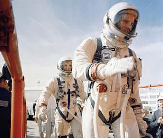 American astronauts Neil Armstrong (1930 - 2012) (right) and David Scott walk to Complex 19, from where their Gemini 8 mission will launch, Cape Canaveral, Florida, March 16, 1966. (Photo by NASA/Interim Archives/Getty Images)
