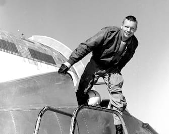 Photograph of Neil Armstrong in the cockpit of the Ames Bell X-14 airplane at NASA's Ames Research Center, Moffett Field, California, 1955. Image courtesy National Aeronautics and Space Administration (NASA). (Photo by Smith Collection/Gado/Getty Images)