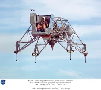 US astronaut Neil Armstrong aboard a simulator practices piloting safely the Lunar Landing Research Vehicle in 1967 two years before Apollo XI space mission launch to the moon. AFP PHOTO NASA (Photo credit should read /AFP via Getty Images)