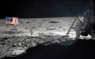 Apollo 11 - NASA, 1969. A frame from Aldrin?sÂ first panoramaÂ shows Armstrong packing samples in an open rock box. Remarkably, of the 121 photographs taken during the moon walk, this is the only clear Hasselblald image of Armstrong. Artist NASA. (Photo by Heritage Space/Heritage Images via Getty Images)
