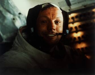 Commander Neil Armstrong in the Lunar Module on the Moon, Apollo 11 mission, July 1969. The Apollo 11 Lunar Module, code named Eagle, with US astronauts Neil Armstrong and Buzz Aldrin on board, landed in the Sea of Tranquillity on 20 July 1969. Apollo 11 was the fifth manned Apollo mission, and was the first to land on the Moon. Artist Buzz Aldrin. (Photo by Heritage Space/Heritage Images/Getty Images)