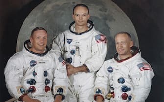 The three crew members of NASA's Apollo 11 lunar landing mission pose for a group portrait a few weeks before the launch, May 1969. From left to right, Commander Neil Armstrong, Command Module Pilot Michael Collins and Lunar Module Pilot Edwin 'Buzz' Aldrin Jr. (Photo by Space Frontiers/Getty Images)