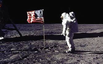 DC, UNITED STATES:  This 20 July 1969 file photo released by NASA shows astronaut Edwin E. "Buzz" Aldrin, Jr. saluting the US flag on the surface of the Moon during the Apollo 11 lunar mission.  The 20th July 1999 marks the 30th anniversary of the Apollo 11 mission and man's first walk on the Moon.          AFP PHOTO   NASA (Photo credit should read NASA/AFP via Getty Images)