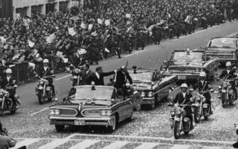 The three US astronauts from the Apollo 11 mission take part in a tickertape parade in the Ginza, Tokyo, during a two-day visit to Japan on their Goodwill Tour of the world, 4th-5th November 1969.   (Photo by Keystone/Hulton Archive/Getty Images)