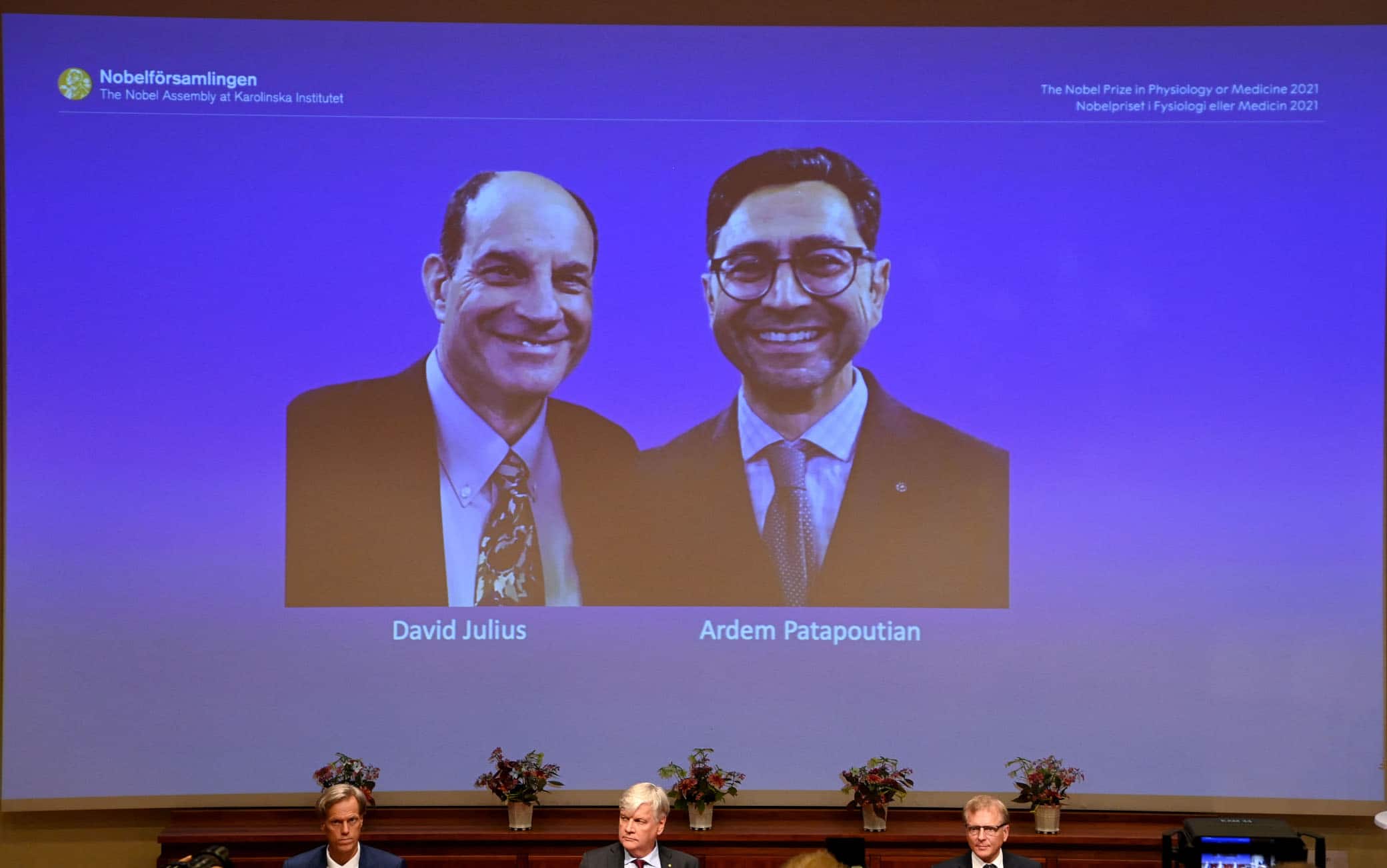 Members of the Nobel Committee sit in front of a screen displaying the winners of the 2021 Nobel Prize in Physiology or Medicine David Julius (L) and Ardem Patapoutian, during a press conference at the Karolinska Institute in Stockholm, Sweden, on October 4, 2021. - US scientists David Julius and Ardem Patapoutian won the Nobel Medicine Prize for discoveries on receptors for temperature and touch. (Photo by Jonathan NACKSTRAND / AFP) (Photo by JONATHAN NACKSTRAND/AFP via Getty Images)