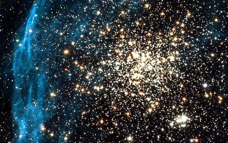 1327465 392007 01: This image recorded by the Hubble telescope on July 10, 2001 shows two clusters of stars, called NGC 1850, located in a neighboring galaxy called the Large Magellanic Cloud. The photo''s centerpiece is a young, "globular-like" star cluster - a type of object unknown in our own Milky Way Galaxy. (Photo by NASA/Getty Images)