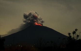 In the evening Agung volcano eruptions emit red light and at Kubu, on November 28, 2017 Karangasem district, Bali, Indonesia.  (Photo by Xinhua / Sipa USA)